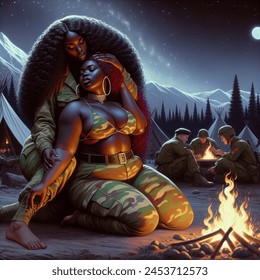 Baroque artistic image of a barefoot, very beautiful, very curvy, voluptuous plus-size black woman with long, flowing hair wearing a camouflage bodysuit hugging a white, buxom female soldier with long red-hair wearing camouflage shorts, by a campfire at a