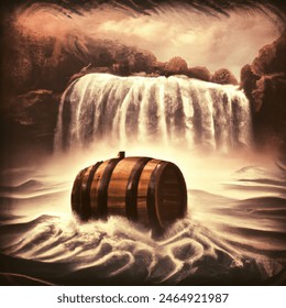 Baroque artistic image of wooden barrel floating at the bottom of niagra falls in the mist in sepia