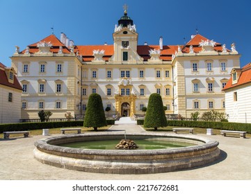 Baroque chateau in Valtice, view with fountain, Lednice and Valtice area, South Moravia, Czech Republic