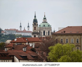 Baroque domes and red rooftops framing skyline with overcast sky, distant spires and layered historic