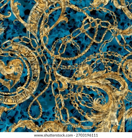 Baroque seamless pattern with golden chains and ornate scrolls on a leopard print background. Luxurious fashion design