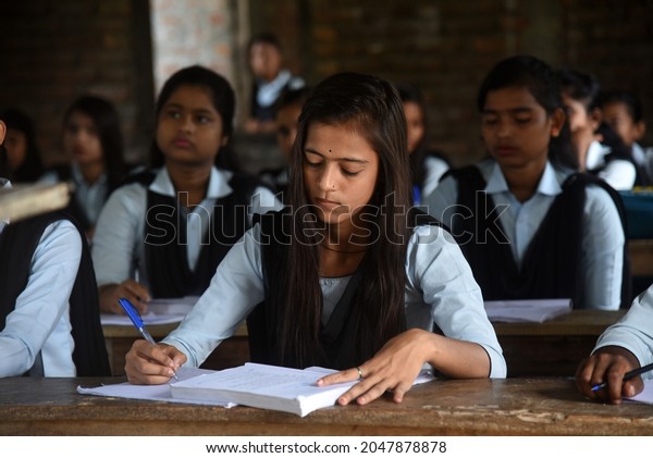 Barpeta, Assam, India. 20 September 2021.
Students of class 10th attend a class in a school after Assam state
government resumes classes for class 10th students as COVID-19
situation improved.