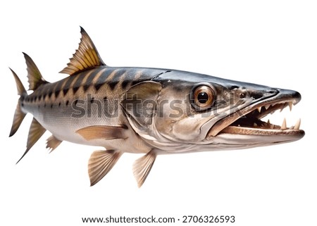 A barracuda fish with sharp teeth, isolated on a white background. A predatory sea animal portrait photo.