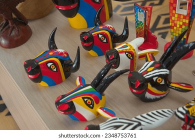 Barranquilla, Colombia - January 4 2023: Animals mask carved in wood and painted with commemorative colors of the carnival of barranquilla colombia