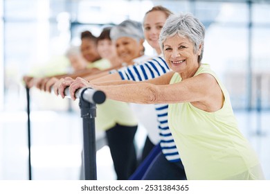 Barre, fitness and health with portrait of women in studio for club, stretching and ballet exercise. Pilates, wellness and strength training with people in class for balance, workout and diversity - Powered by Shutterstock