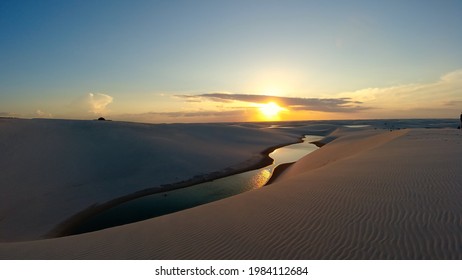 Barreirinhas, Maranhao, Brazil. Tropical Scenery Vacations On Exotic Destination. Lençois Maranhenses National Park, Maranhao, Brazil. 
Sand Dunes And Rainwater Lakes Landscape. Brazil Northeast.