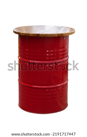A barrel made like a cafe table with a wooden countertop. Isolated on a white background