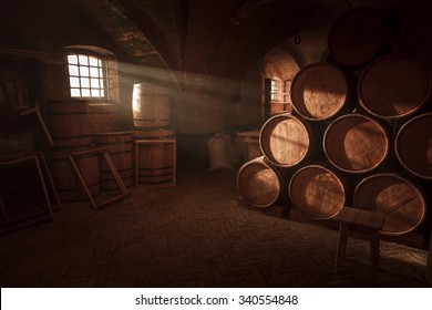 Barrel Making Workshop In Old Basement.