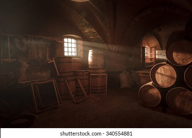 Barrel Making Workshop In Old Basement.