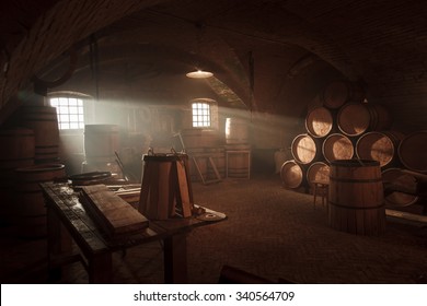 Barrel Making Workshop In Old Basement.