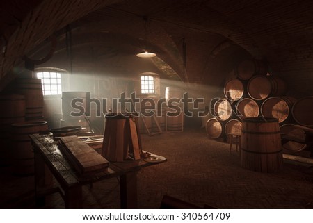 Barrel making workshop in old basement.