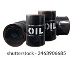 Barrel of oil. Rusty dangerous barrel with fuel or crude oil on isolated background