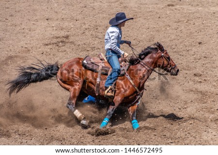 Barrel Racing at a Rodeo, cowgirl riding a roan colored horse around a barrel. She is wearing a large black cowboy hat. The dirt is flying as the horse digs in.