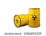 Barrel with radioactive waste. Nuclear warning sign. Rusty dangerous barrel with radionuclide, hazardous toxins on isolated background