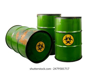 Barrel with toxic waste. Biohazard warning sign. Rusty dangerous barrel with pathogens, or other toxins on isolated background