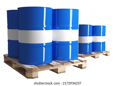 Barrels For Chemical Products. Tanks For Pesticides. Pallets With Barrels Isolated On White. Metal Tanks For Storage Chemicals. Wooden Pallets With Plastic Cask. Chemical Industry Concept.