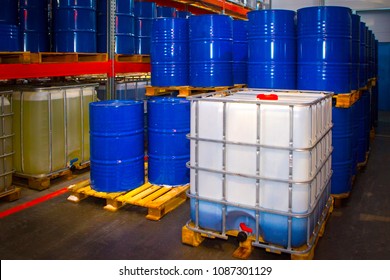 Barrels Of Chemicals. Chemistry. Metal Barrels For Chemical Products.