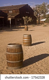 Barrels Leading To The Soundstage At Pioneertown, An Old Movie Set And Modern Recreation Area In The Mojave Desert.