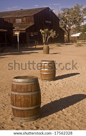 Barrels leading to the Soundstage at Pioneertown, an old movie set and modern recreation area in the Mojave desert.