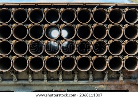 Barrels of the multiple rocket launcher, close-up. Look through the tubes of multiple rocket launcher