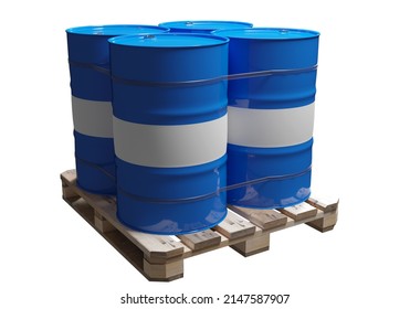 Barrels oil. Blue barrels isolated on white. Metal canisters casks for fuel. Barrels oil are ready for transportation. Three-dimensional casks for crude oil. Chemical products. 