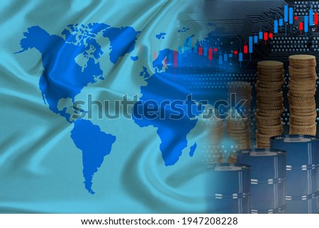 barrels of oil, metal coins, oil futures trading concept, growth of DBO index on stock exchange, global world trade, falling and rises oil prices