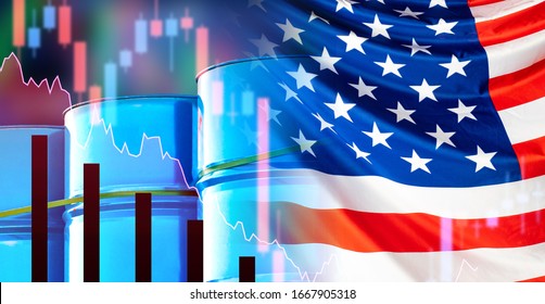 Barrels of oil next to the flag of the USA. The concept is petrolium production in the United States. Falling US oil prices. Charts show a decline. Index of American companies XOI. Amex oil index