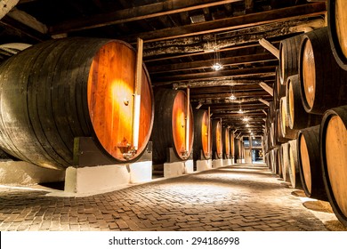 Barrels In The Wine Cellar In Porto In Portugal