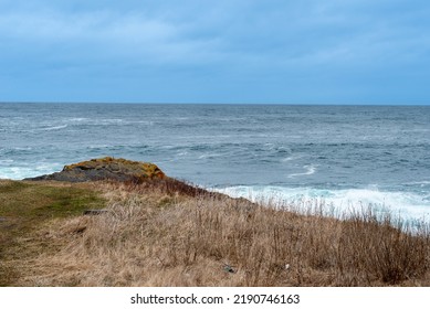 A Barren Grassy Tundra At The Edge Of The Ocean Under A Clear Bright Blue Sky. The Sea Is Beating Against The Lower Rocky Shore Of The Cliff. The Shoreline Has A Beautiful View Of The Horizon. 