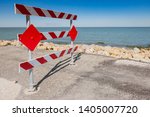 A barricade warning of a washed out road after hurricane Harvey in Indianola Texas.