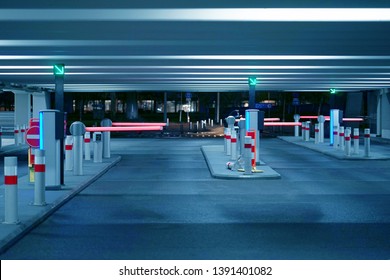 Barrier at Entrance and exit of a car Parking garage. barrier in a car park. Exit from underground parking. Underground parking/garage. Interior of parking. Toning