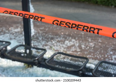Barrier tape at a demolished bus stop in the city of Berlin