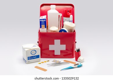 Barrington, IL/USA - 03-10-2019: Putting Together A Medical First Aid Kit For The Home With Variety Of Supplies