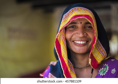 Barsana, India - February 28, 2015: Smiling indian rural women wearing traditional clothes in village barsana, India.