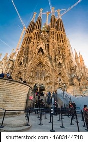 Barselona. Catalonia, Spain, circa November 2017. Famous Sargada Familia cathedral under construction. Cranes and new part of buildings.