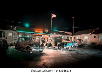 Barstow, California / United States »; August 2019: Route 66 Motel, The Beautiful Motel That Looks Like A Museum At Night