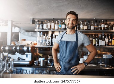 Bartender, man and happy in portrait at counter with service for drinks, cocktails and liquor in restaurant. Person, barman and small business owner with glasses, ready and waiter for alcohol at pub - Powered by Shutterstock