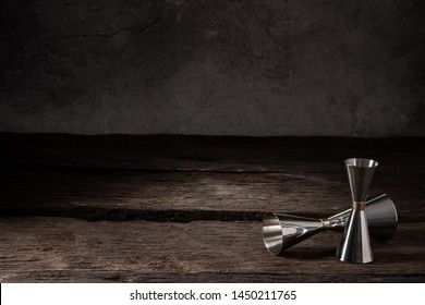 Bartender Mixologist Cocktail Equipment Shaker Strainer Jigger On Wood Background With Copy Space