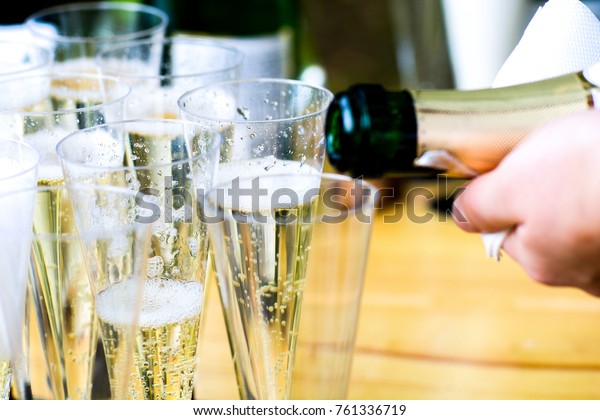 Bartender Pouring Champagne Into Glasses Wedding Stock Photo Edit