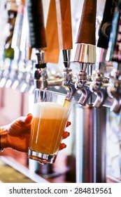 Bartender Pouring Draft Beer In The Bar.