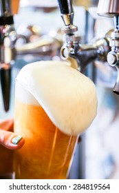 Bartender Pouring Draft Beer In The Bar.