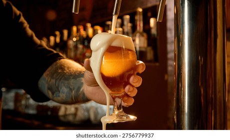 Bartender pouring draft beer with excessive foam overflowing glass in bar close up. Concept of service training content, quality control example, bar staff education, and hospitality workflow.