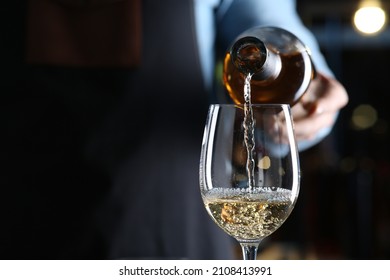 Bartender pouring white wine from bottle into glass indoors, closeup. Space for text - Powered by Shutterstock