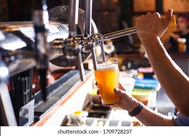 bartender pours beer into a glass from the tap bar menu horizontal