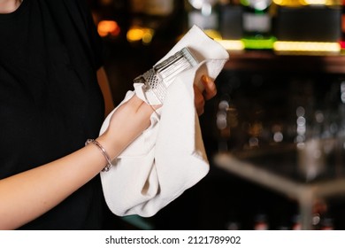 Bartender Rubs Glasses. Preparing Dishes Before The Party. Proper Glass Cleaning Concept.