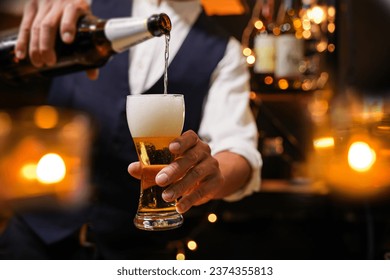 Bartender Serve beer, on wood bar,  - Powered by Shutterstock