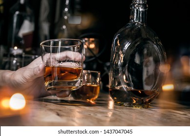 Bartender Serve Whiskey, On Wood Bar, 