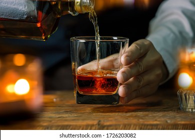 Bartender Serve Whiskey, On Wood Bar,