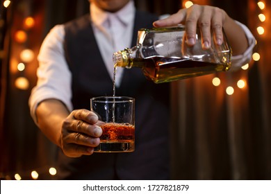 Bartender Serve Whiskey, On Wood Bar, 