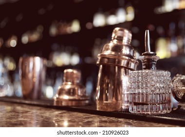 Bartender Tools On Old Style Bar Counter, Toned Image